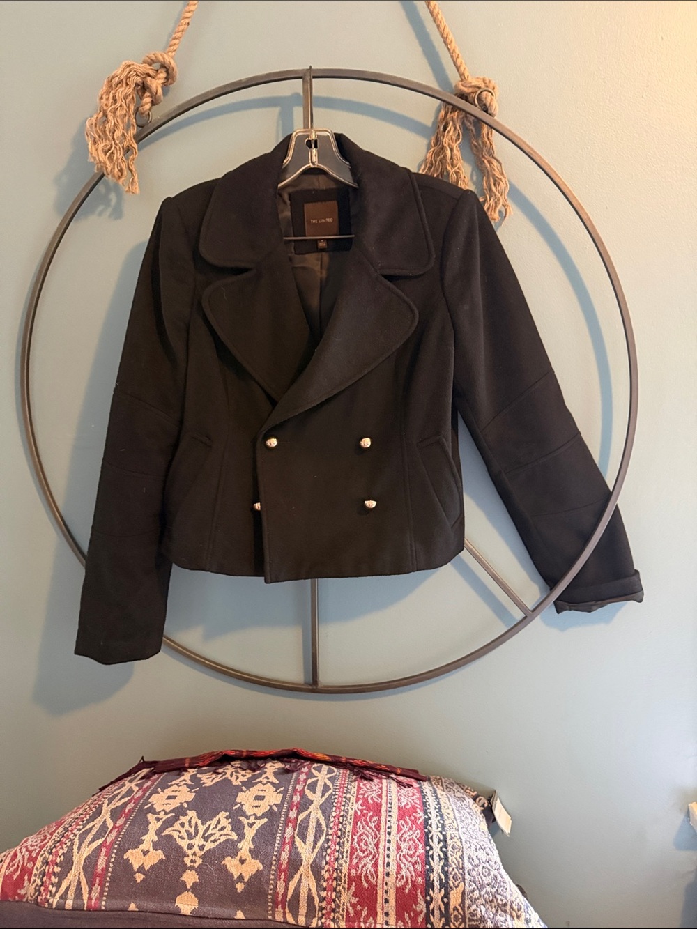 The Limited Black Cropped Double-Breasted Peacoat with Gold Buttons